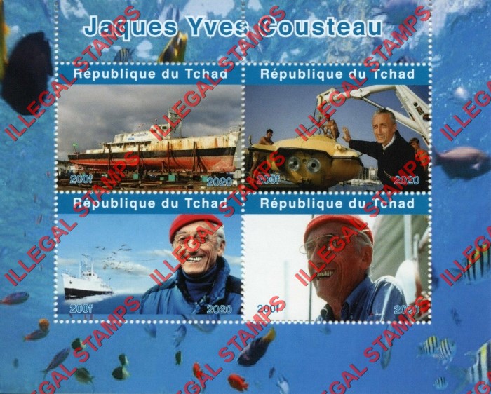 Chad 2020 Jacques Cousteau Illegal Stamps in Souvenir Sheet of 4