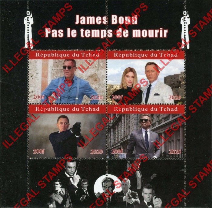 Chad 2020 James Bond Never Dies Illegal Stamps in Souvenir Sheet of 4