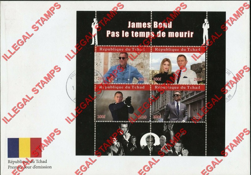 Chad 2020 James Bond Never Dies Illegal Stamps in Souvenir Sheet of 4 on Fake First Day Cover