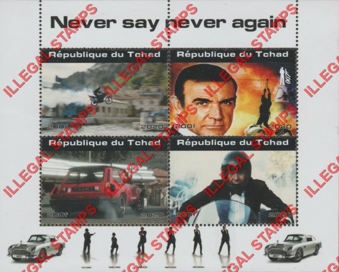 Chad 2020 James Bond Never Say Never Again Illegal Stamps in Souvenir Sheet of 4