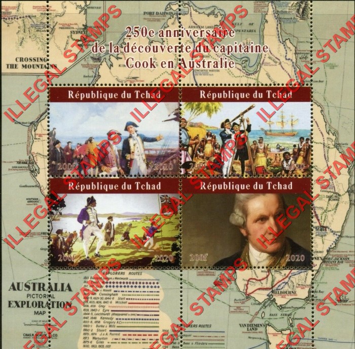 Chad 2020 James Cook Discovery of Australia Illegal Stamps in Souvenir Sheet of 4