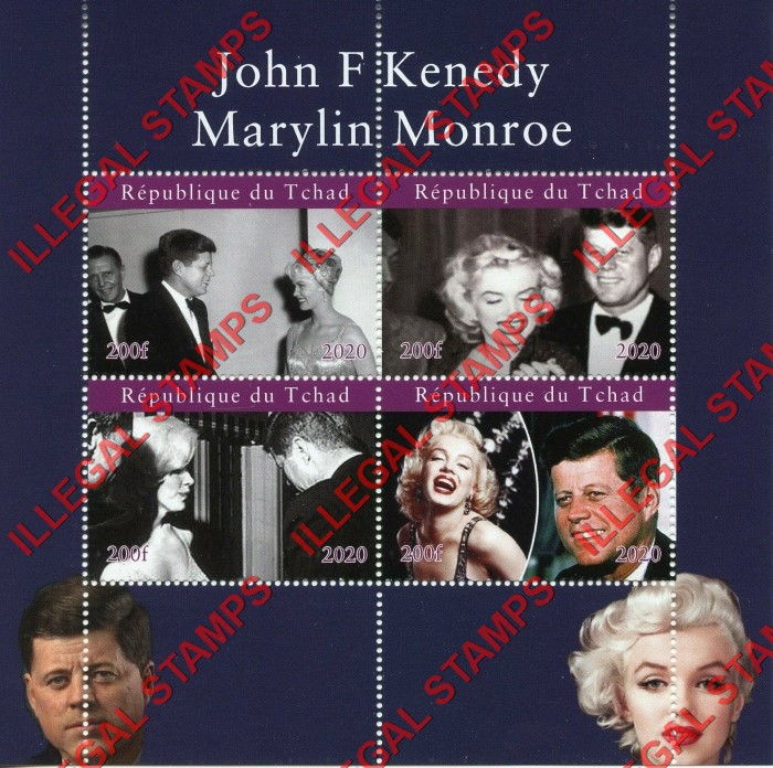 Chad 2020 John F. Kennedy and Marilyn Monroe Illegal Stamps in Souvenir Sheet of 4