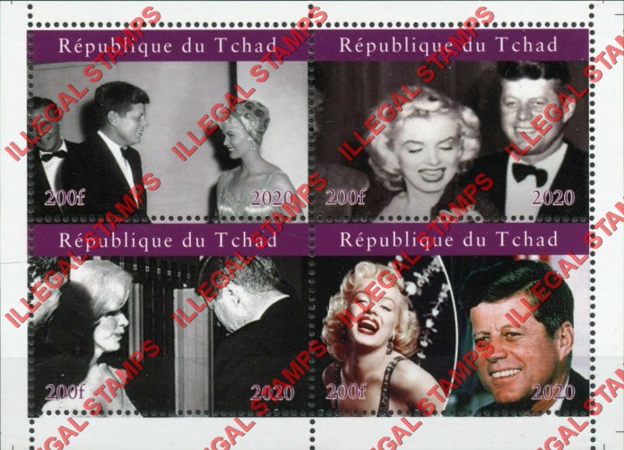 Chad 2020 John F. Kennedy and Marilyn Monroe Illegal Stamps in Souvenir Sheet of 4 with no Inscriptions