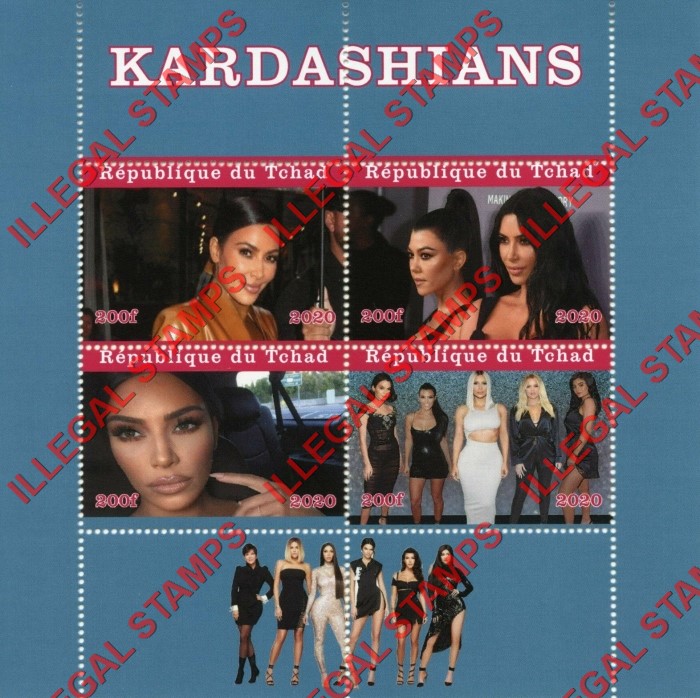 Chad 2020 Kardashians Illegal Stamps in Souvenir Sheet of 4