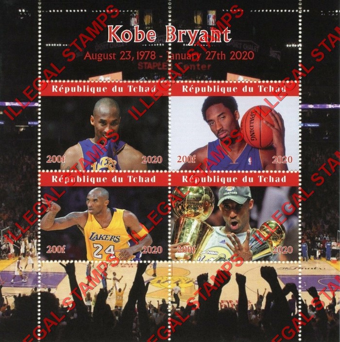 Chad 2020 Kobe Bryant Basketball Illegal Stamps in Souvenir Sheet of 4