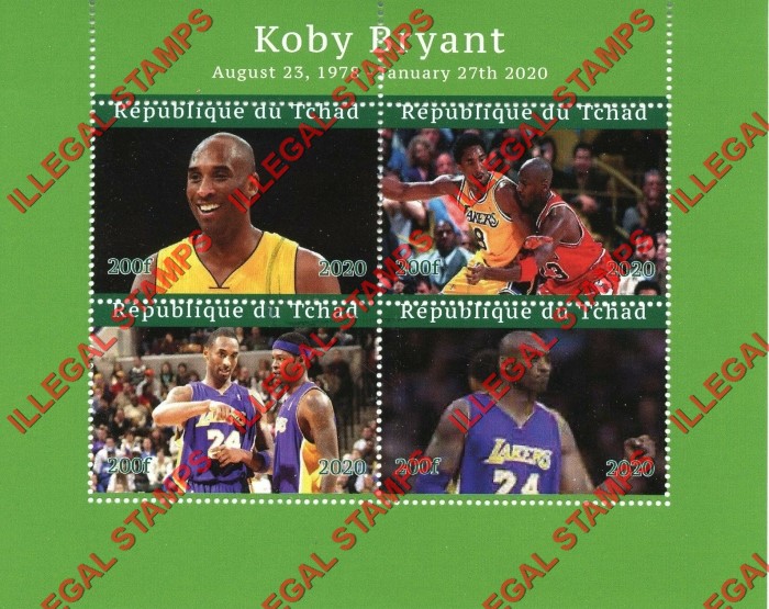 Chad 2020 Kobe Bryant Basketball (misspelled Koby) Illegal Stamps in Souvenir Sheet of 4