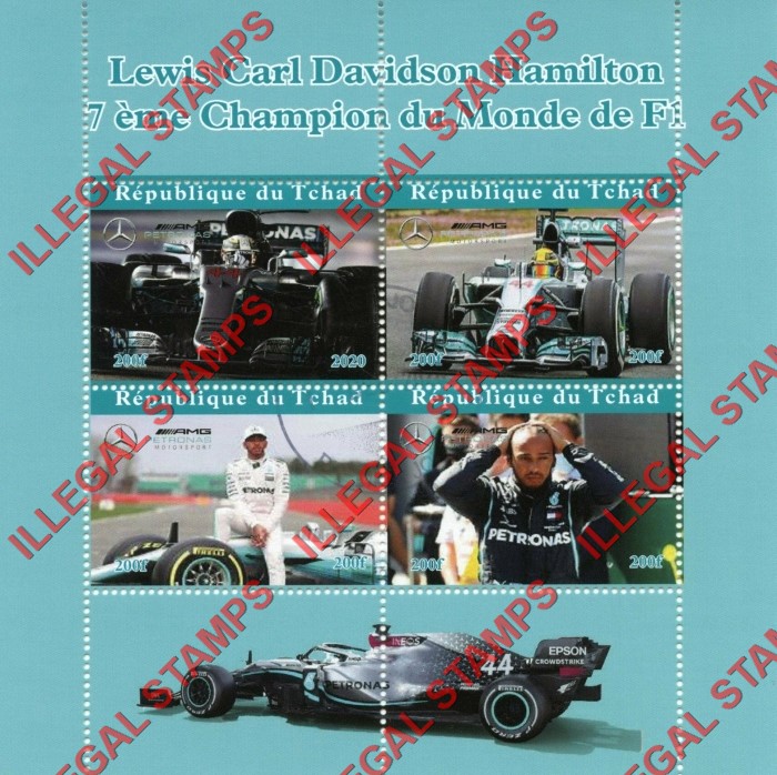 Chad 2020 Lewis Carl Davidson Hamilton Formula I Driver Illegal Stamps in Souvenir Sheet of 4