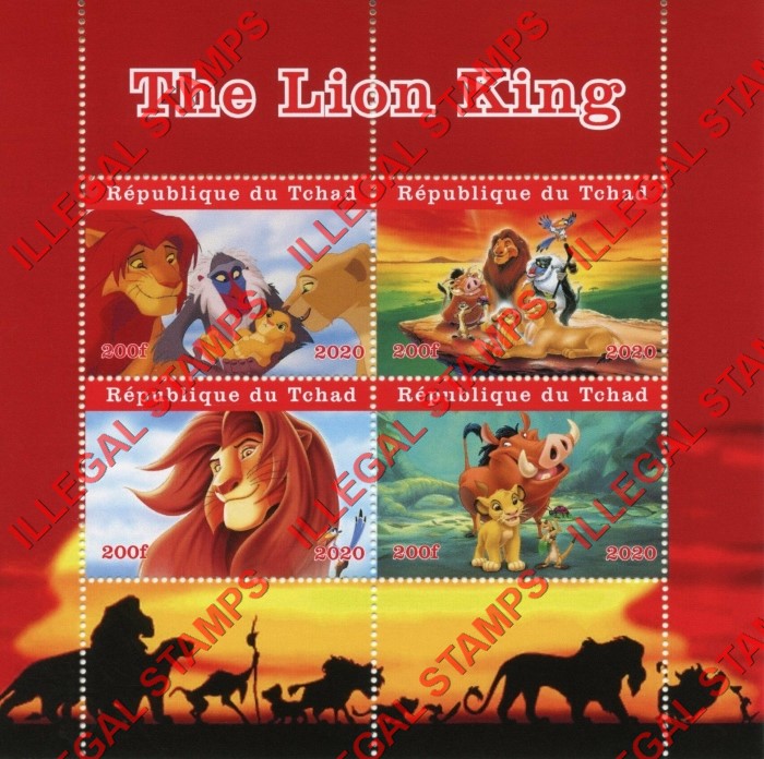 Chad 2020 Lion King Illegal Stamps in Souvenir Sheet of 4