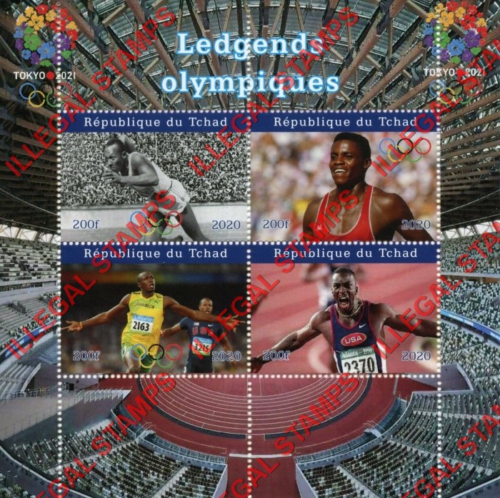 Chad 2020 Olympic Legends Usain Bolt and Jesse Owens Illegal Stamps in Souvenir Sheet of 4