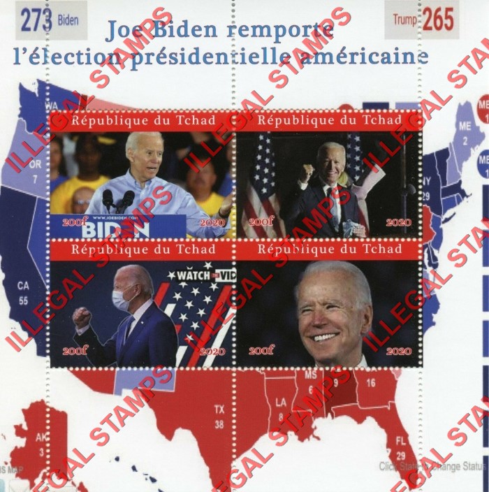 Chad 2020 Presidential Election Joe Biden Illegal Stamps in Souvenir Sheet of 4