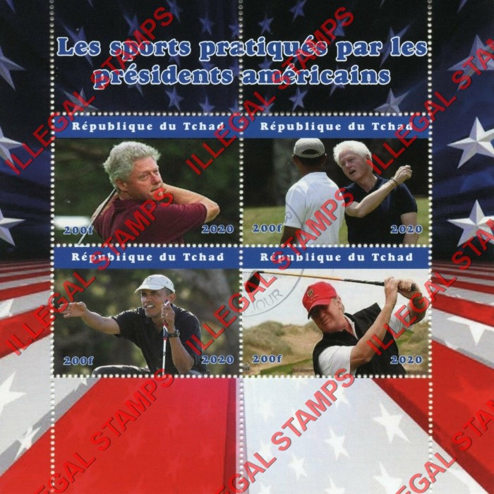Chad 2020 Presidents Playing Golf Illegal Stamps in Souvenir Sheet of 4