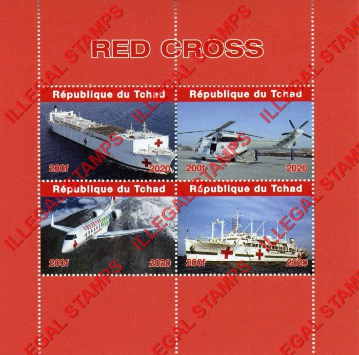Chad 2020 Red Cross Ships and Aircraft Illegal Stamps in Souvenir Sheet of 4