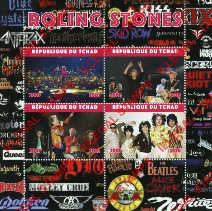 Chad 2020 Rock Bands Rolling Stones Illegal Stamps in Souvenir Sheet of 4