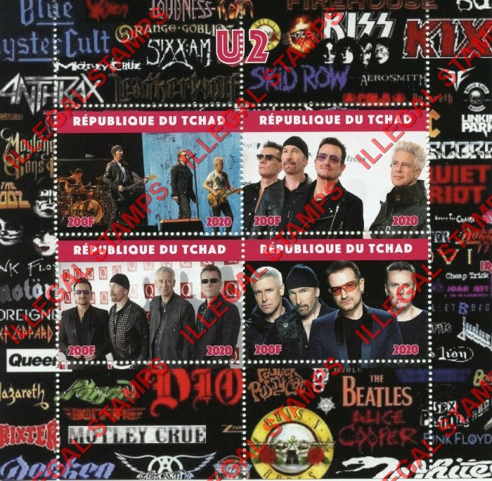 Chad 2020 Rock Bands U2 Illegal Stamps in Souvenir Sheet of 4