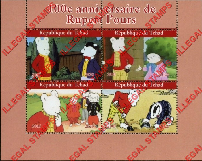 Chad 2020 Rupert Bear Illegal Stamps in Souvenir Sheet of 4