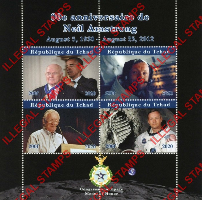 Chad 2020 Space Neil Armstrong Illegal Stamps in Souvenir Sheet of 4