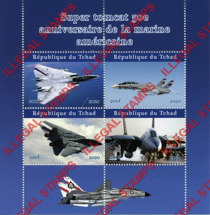 Chad 2020 Super Tomcat Military Aircraft Illegal Stamps in Souvenir Sheet of 4