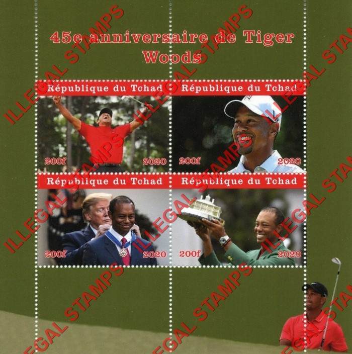 Chad 2020 Tiger Woods Golf Illegal Stamps in Souvenir Sheet of 4
