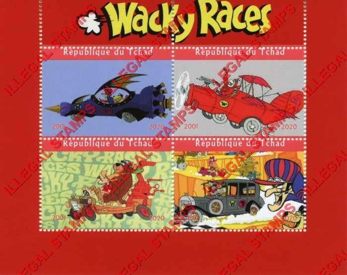 Chad 2020 Wacky Races Cartoons Illegal Stamps in Souvenir Sheet of 4