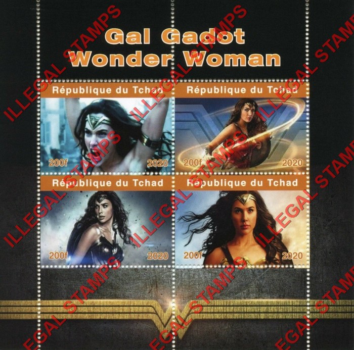 Chad 2020 Wonder Woman Gal Gadot Illegal Stamps in Souvenir Sheet of 4