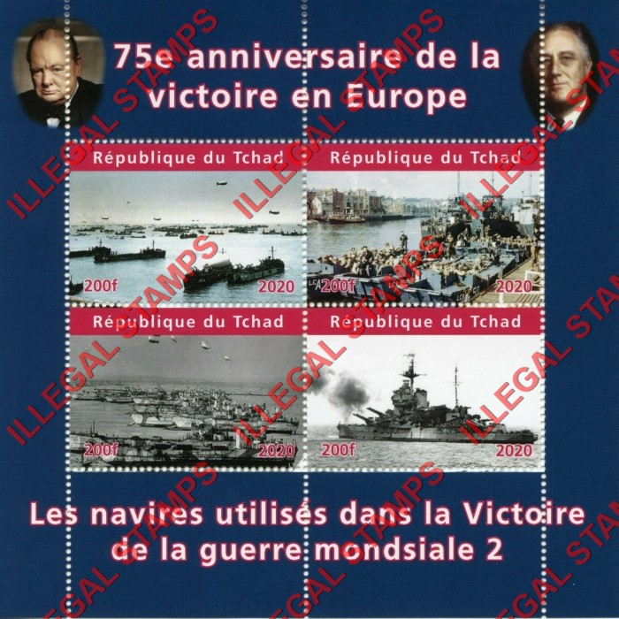 Chad 2020 World War II 75th Anniversary of Victory in Europe Battle Ships Illegal Stamps in Souvenir Sheet of 4