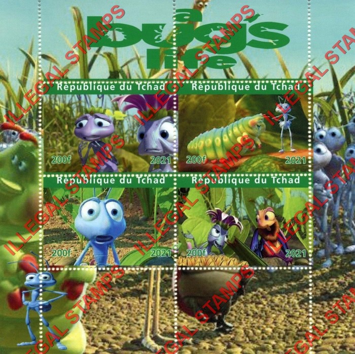 Chad 2021 A Bugs Life Cartoon Illegal Stamps in Souvenir Sheet of 4