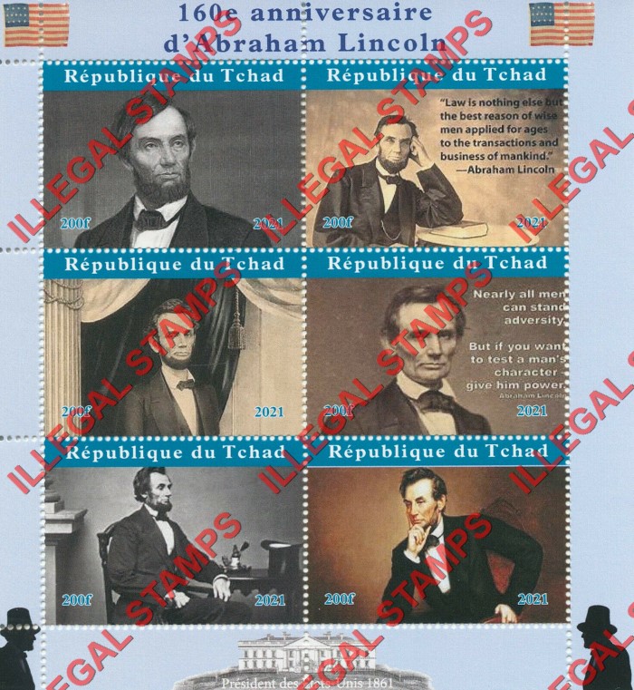 Chad 2021 Abraham Lincoln Illegal Stamps in Souvenir Sheet of 6