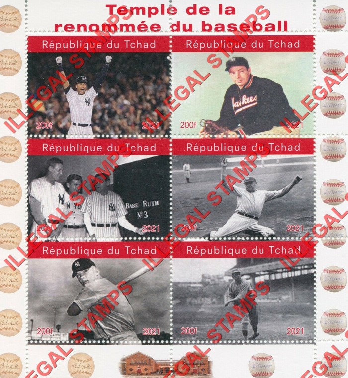 Chad 2021 Baseball Babe Ruth Illegal Stamps in Souvenir Sheet of 6