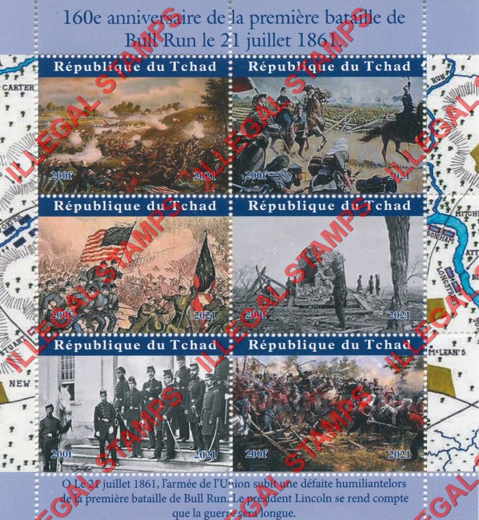 Chad 2021 Battle of Bull Run Civil War Illegal Stamps in Souvenir Sheet of 6