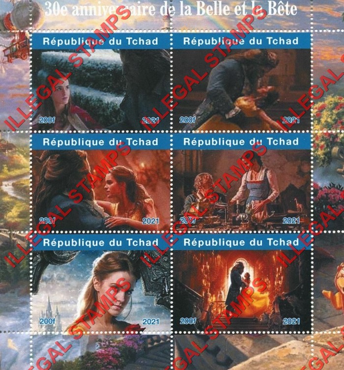 Chad 2021 Beauty and the Beast Illegal Stamps in Souvenir Sheet of 6