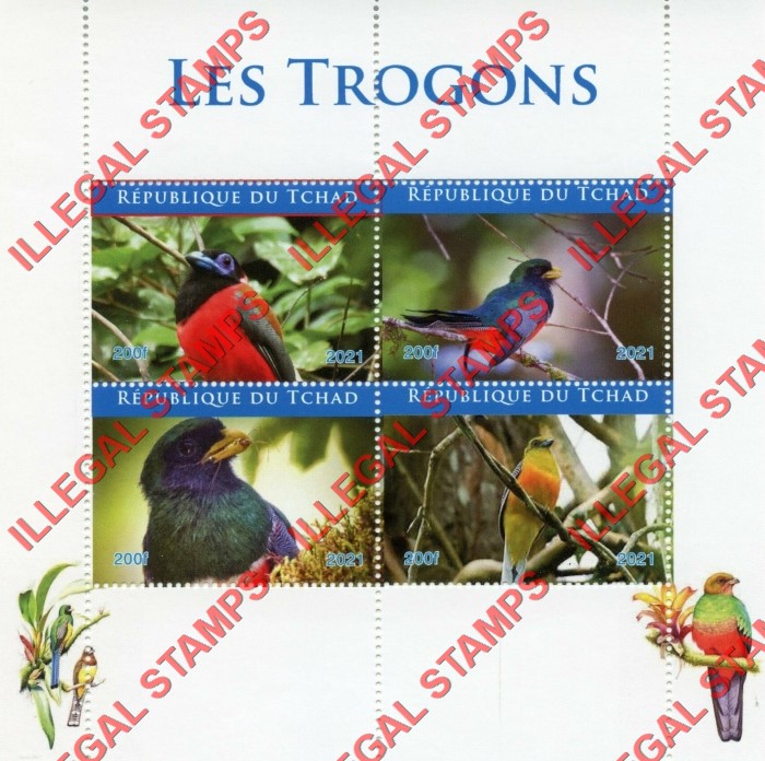 Chad 2021 Birds Trogons Illegal Stamps in Souvenir Sheet of 4
