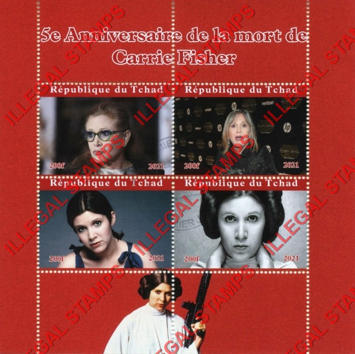 Chad 2021 Carrie Fisher Princess Leia Illegal Stamps in Souvenir Sheet of 4