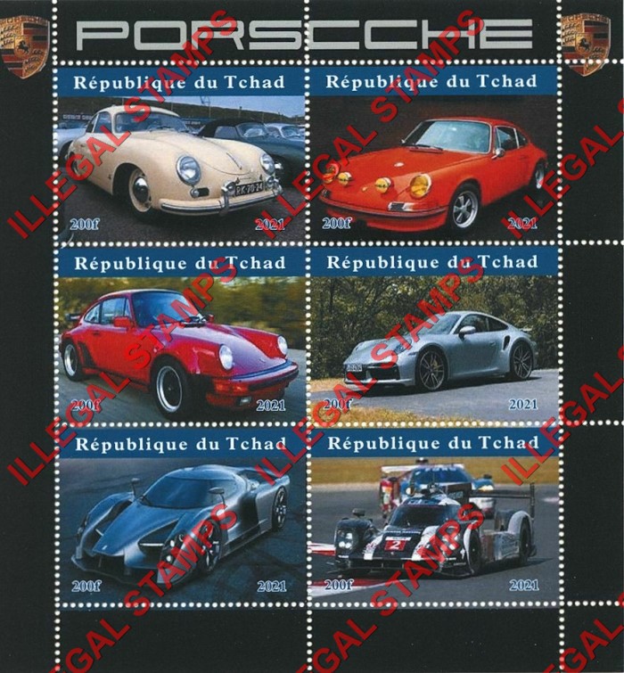 Chad 2021 Cars Porsche Illegal Stamps in Souvenir Sheet of 6