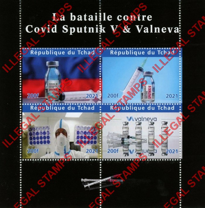 Chad 2021 Covid-19 Vaccines Sputnik V and Valneva Illegal Stamps in Souvenir Sheet of 4