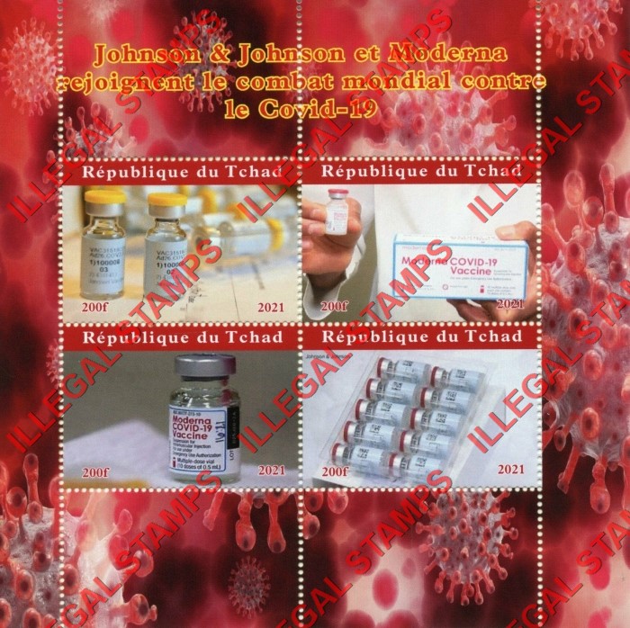 Chad 2021 Covid-19 Vaccines by Johnson and Johnson and Moderna Illegal Stamps in Souvenir Sheet of 4