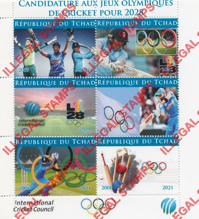 Chad 2021 Cricket Bid for the Olympic Games in 2028 Illegal Stamps in Souvenir Sheet of 6