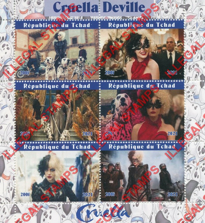 Chad 2021 Cruella Deville Disney Movie Illegal Stamps in Souvenir Sheet of 6
