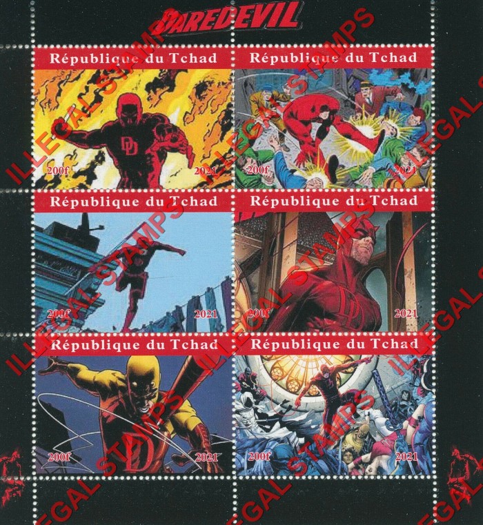 Chad 2021 Daredevil Marvel Comics Illegal Stamps in Souvenir Sheet of 6
