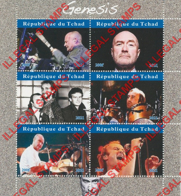 Chad 2021 Genesis Phil Collins Illegal Stamps in Souvenir Sheet of 6