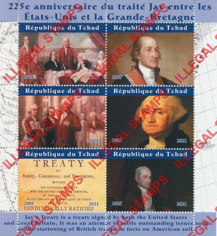 Chad 2021 George Washington and the Jay Treaty Illegal Stamps in Souvenir Sheet of 6
