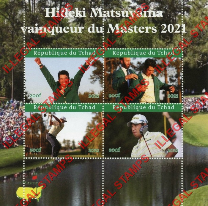 Chad 2021 Golf Masters Winner Hideki Matsuyama Illegal Stamps in Souvenir Sheet of 4