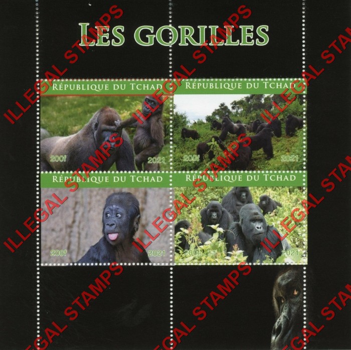 Chad 2021 Gorillas Illegal Stamps in Souvenir Sheet of 4