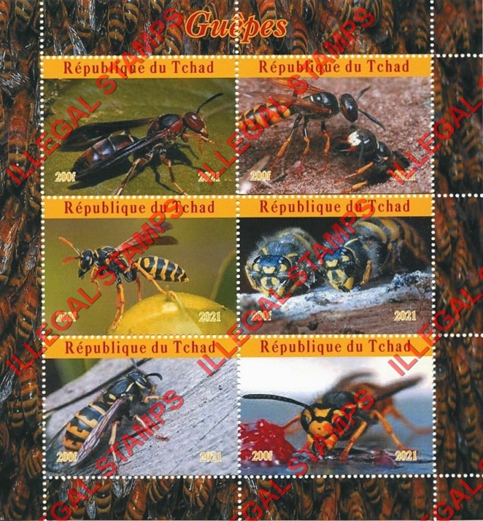 Chad 2021 Insects Wasps Illegal Stamps in Souvenir Sheet of 6