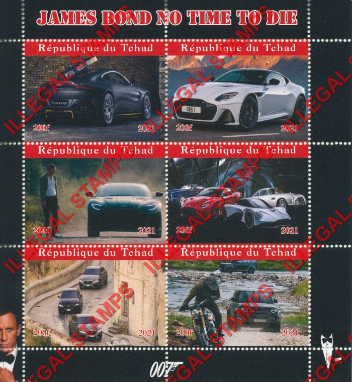 Chad 2021 James Bond No Time to Die Cars Illegal Stamps in Souvenir Sheet of 6