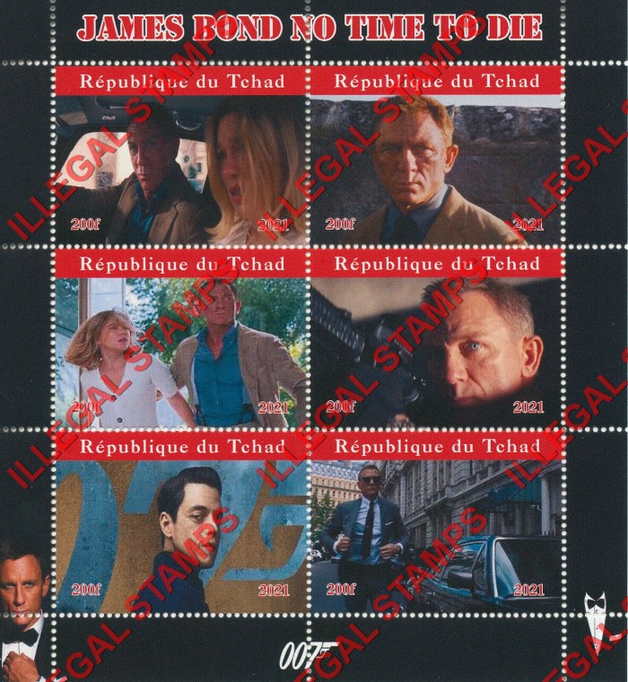 Chad 2021 James Bond No Time to Die Daniel Craig Illegal Stamps in Souvenir Sheet of 6