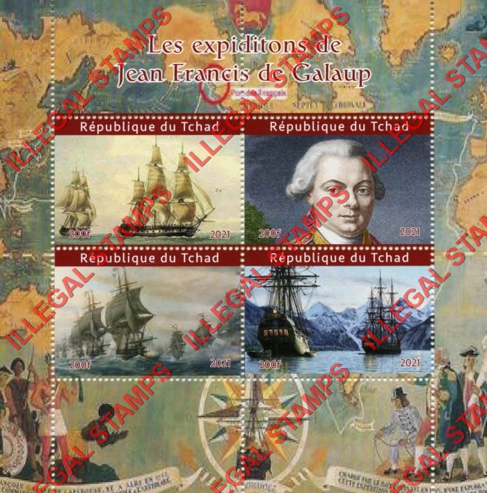 Chad 2021 Jean Francis de Galaup Expeditions Sailing Ships Illegal Stamps in Souvenir Sheet of 4