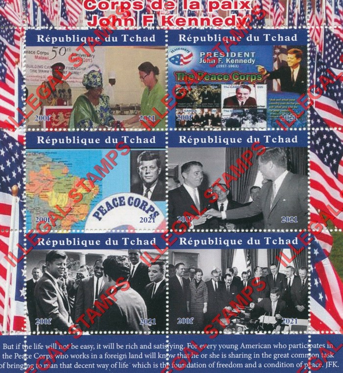 Chad 2021 John F. Kennedy Joins the Peace Corps Illegal Stamps in Souvenir Sheet of 6