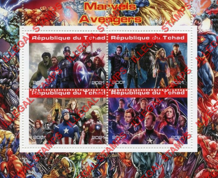 Chad 2021 Marvels Avengers (different) Illegal Stamps in Souvenir Sheet of 4