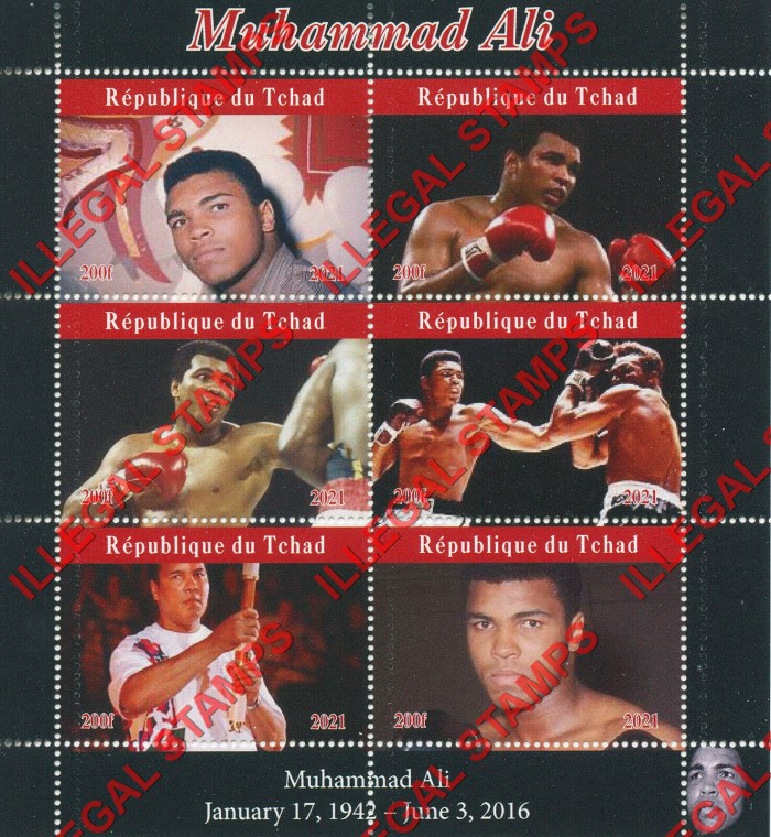 Chad 2021 Muhammad Ali Boxing Illegal Stamps in Souvenir Sheet of 6
