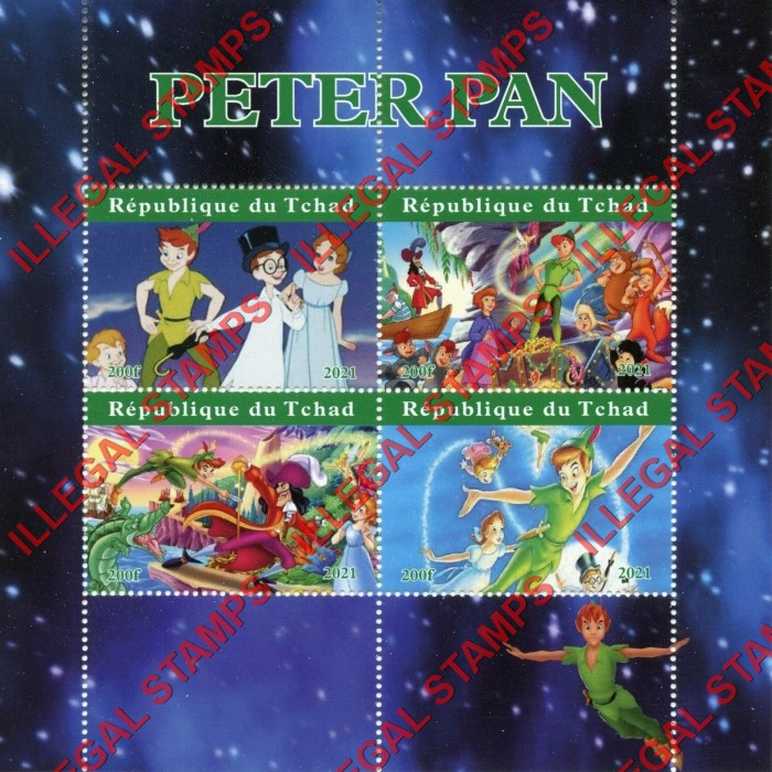 Chad 2021 Peter Pan Illegal Stamps in Souvenir Sheet of 4